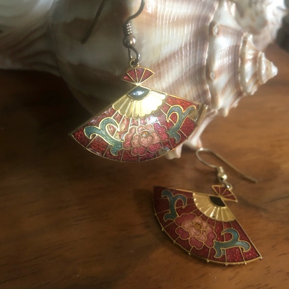 Vintage Cloisonné Fan Earrings - Picture 5 of 5
